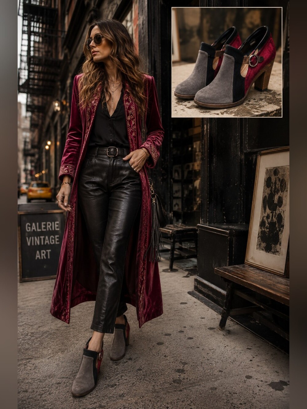 COCLICO Two-Tone Color Block Suede Ankle Booties in Gray and Burgundy